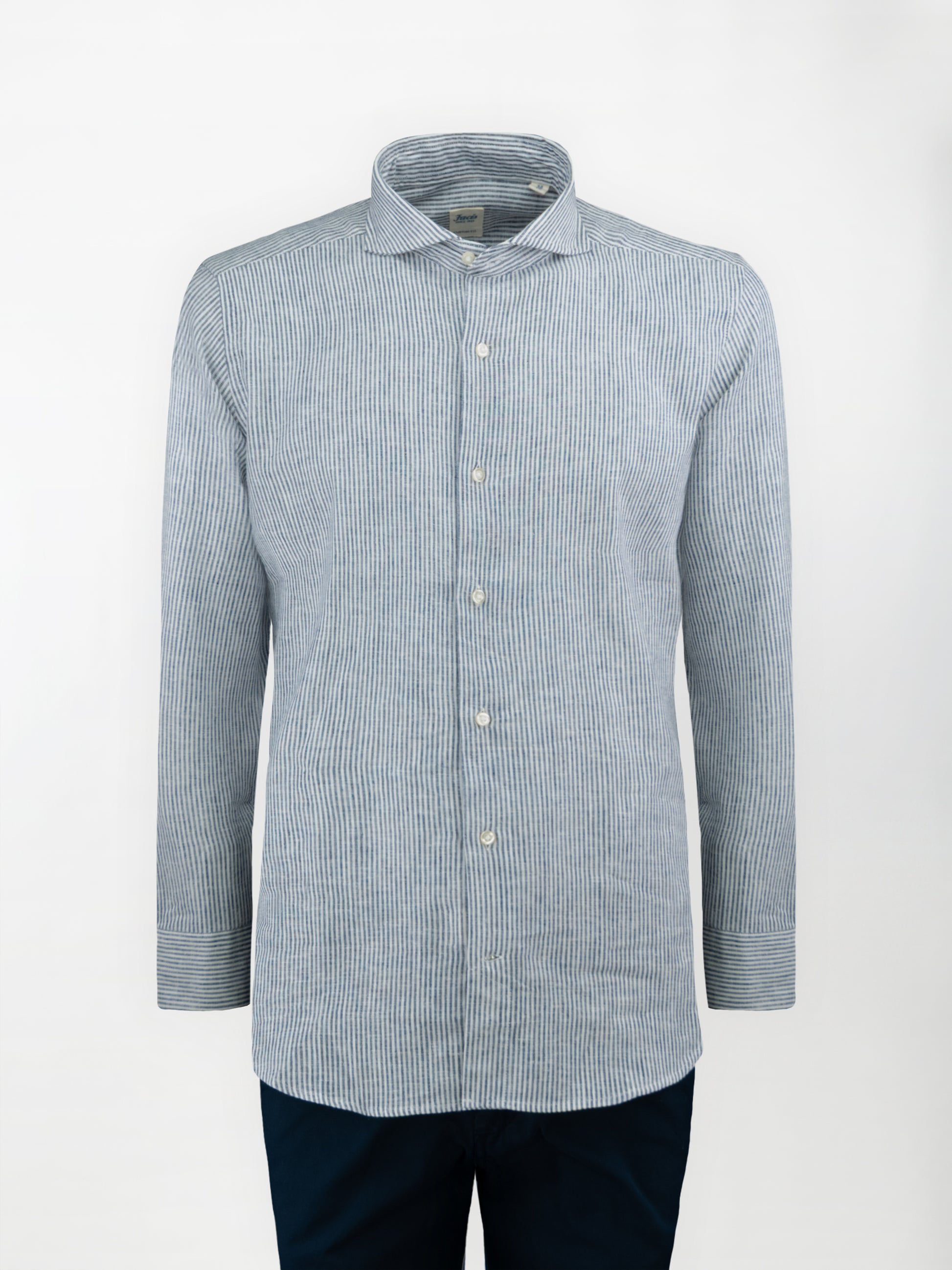 Camicia in Lino e Cotone con Collo Francese aperto - Righe Blu - Custom fit image 0