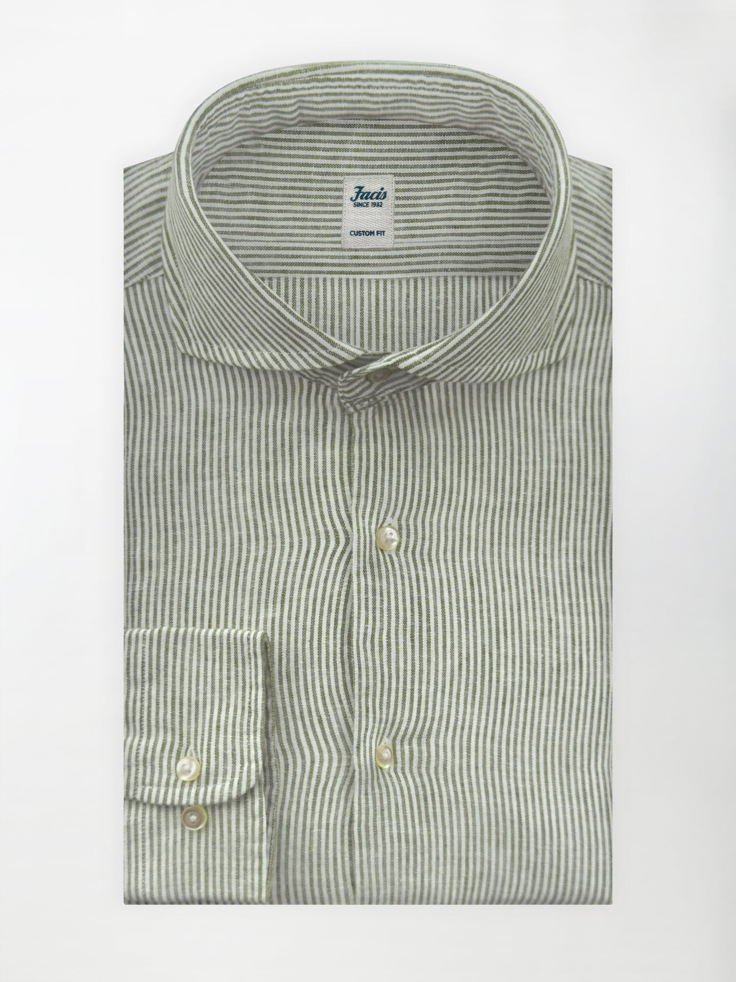 Camicia in Lino e Cotone con Collo Francese aperto - Righe Verde Salvia - Custom image 1