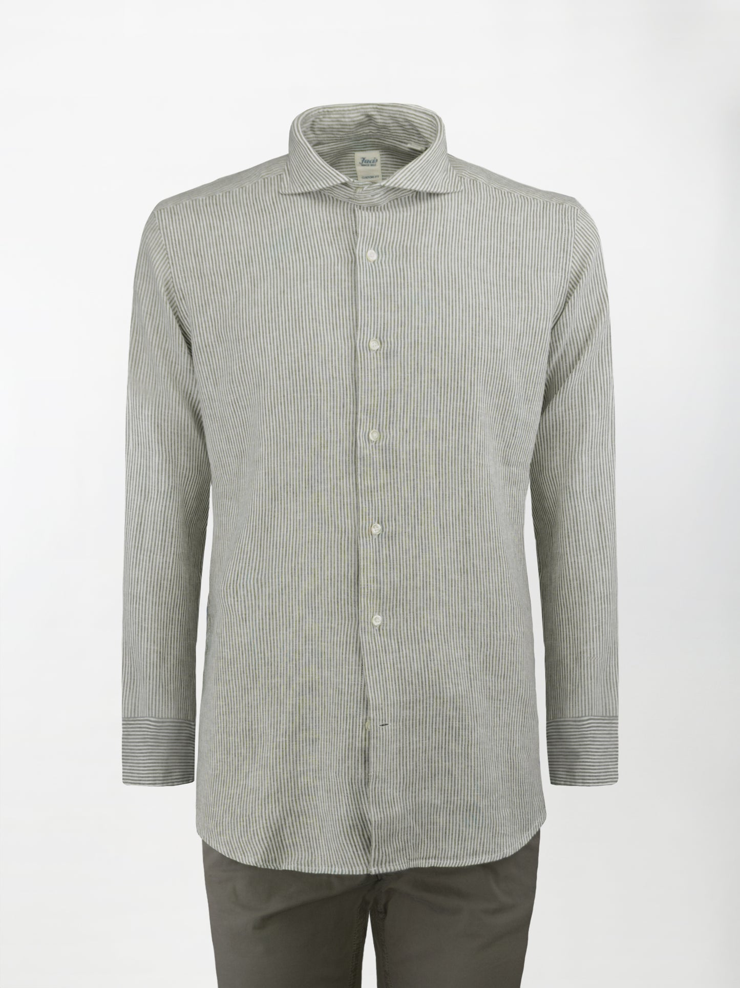 Camicia in Lino e Cotone con Collo Francese aperto - Righe Verde Salvia - Custom image 0