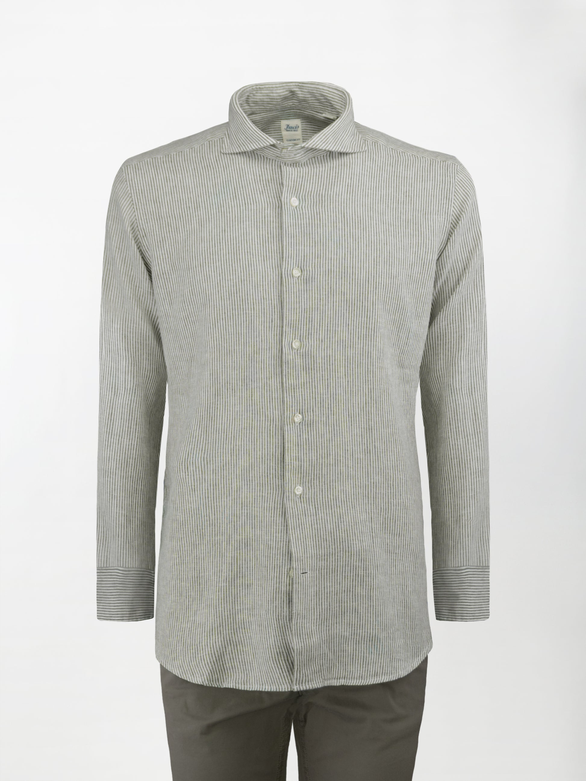 Camicia in Lino e Cotone con Collo Francese aperto - Righe Verde Salvia - Custom image 0