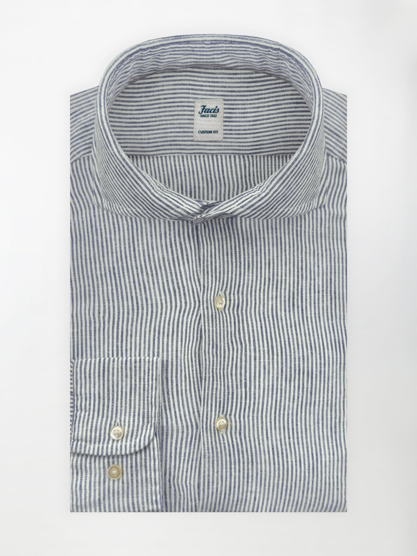 Camicia in Lino e Cotone con Collo Francese aperto - Righe Blu - Custom fit image 1