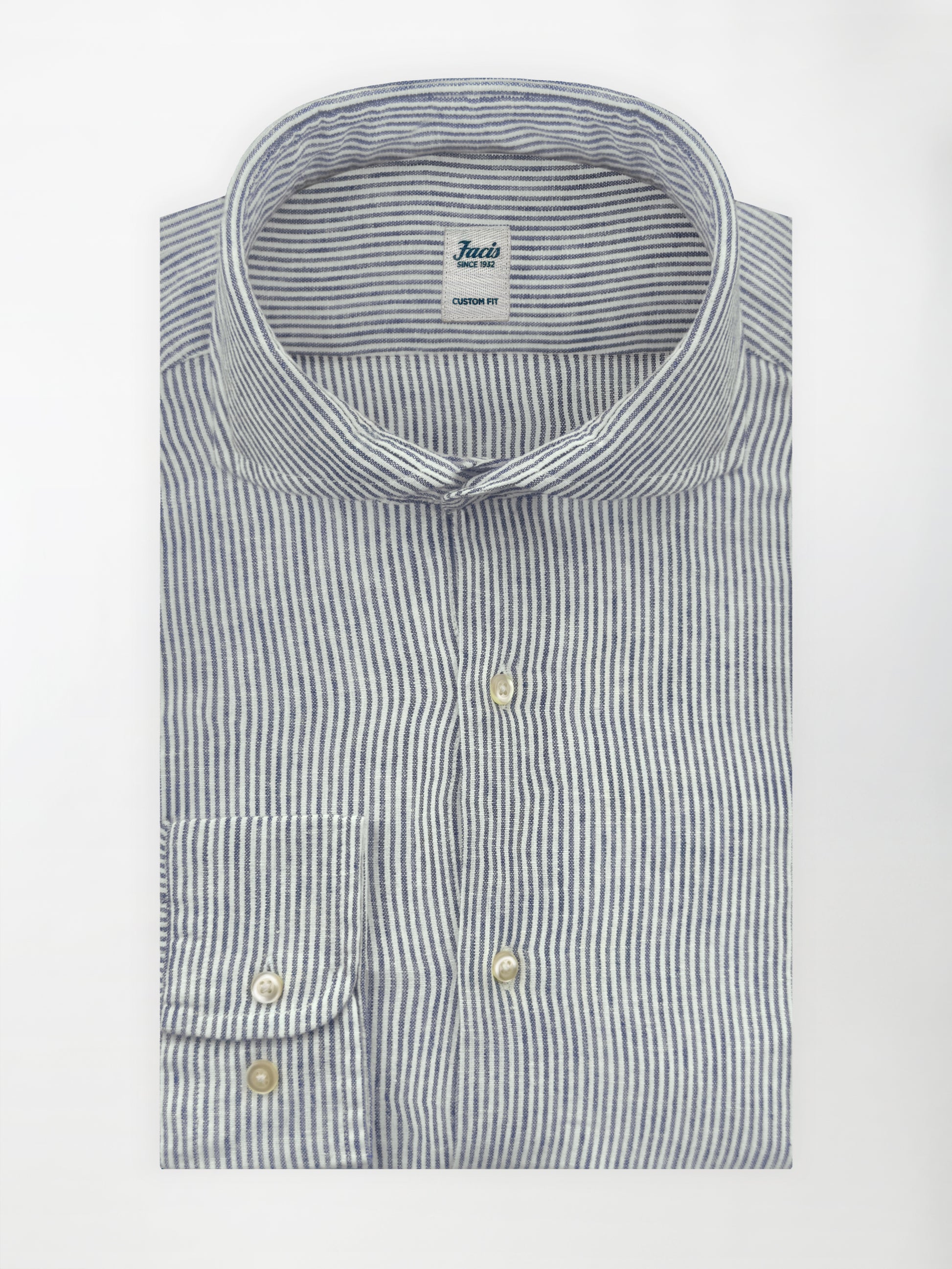 Camicia in Lino e Cotone con Collo Francese aperto - Righe Blu - Custom fit image 1