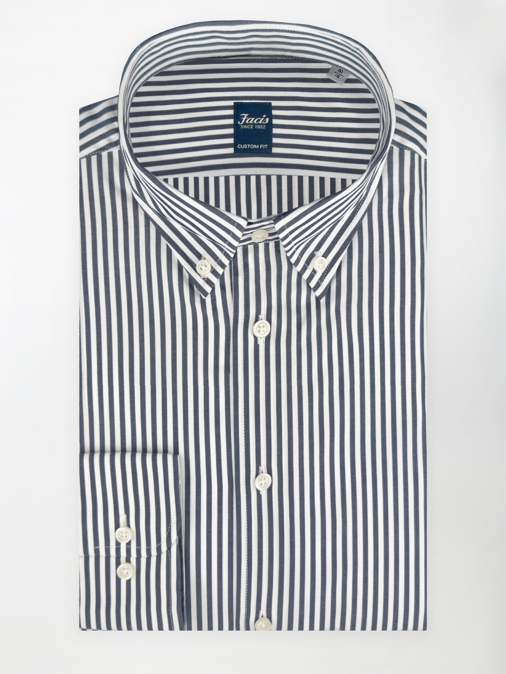 Camicia collo button-down a righe - Color blu notte e bianco - Custom Fit image 0